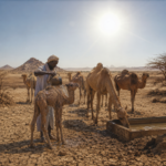 A man in light clothing and a headscarf pours water over a camel at a trough in a hot, arid desert with several other camels nearby.