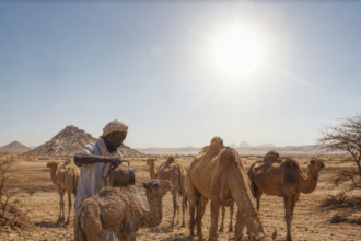 A man in light clothing and a headscarf pours water over a camel at a trough in a hot, arid desert with several other camels nearby.