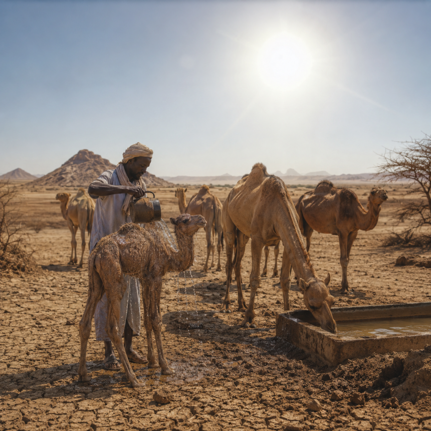 chatgpt image aug 11 2026 12_57_55 pm - washington eye A man in light clothing and a headscarf pours water over a camel at a trough in a hot, arid desert with several other camels nearby.