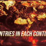 Stylized world map in fiery red and orange with the title 'Countries in Each Continent' across the bottom.