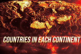 Stylized world map in fiery red and orange with the title 'Countries in Each Continent' across the bottom.