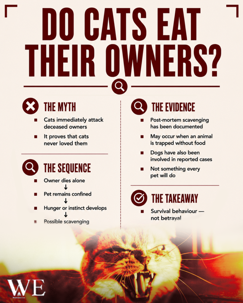 Infographic titled'Do Cats Eat Their Owners?' comparing myth and evidence, with sections The Myth, The Evidence, The Sequence, and The Takeaway, and a snarling cat image at the bottom.