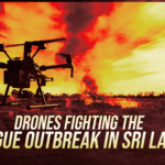 Silhouette of a multi-rotor drone in a field with a fiery red-yellow sky and large headline about drones fighting the dengue outbreak in Sri Lanka