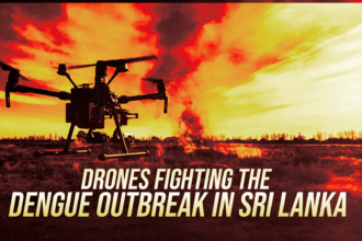 Silhouette of a multi-rotor drone in a field with a fiery red-yellow sky and large headline about drones fighting the dengue outbreak in Sri Lanka