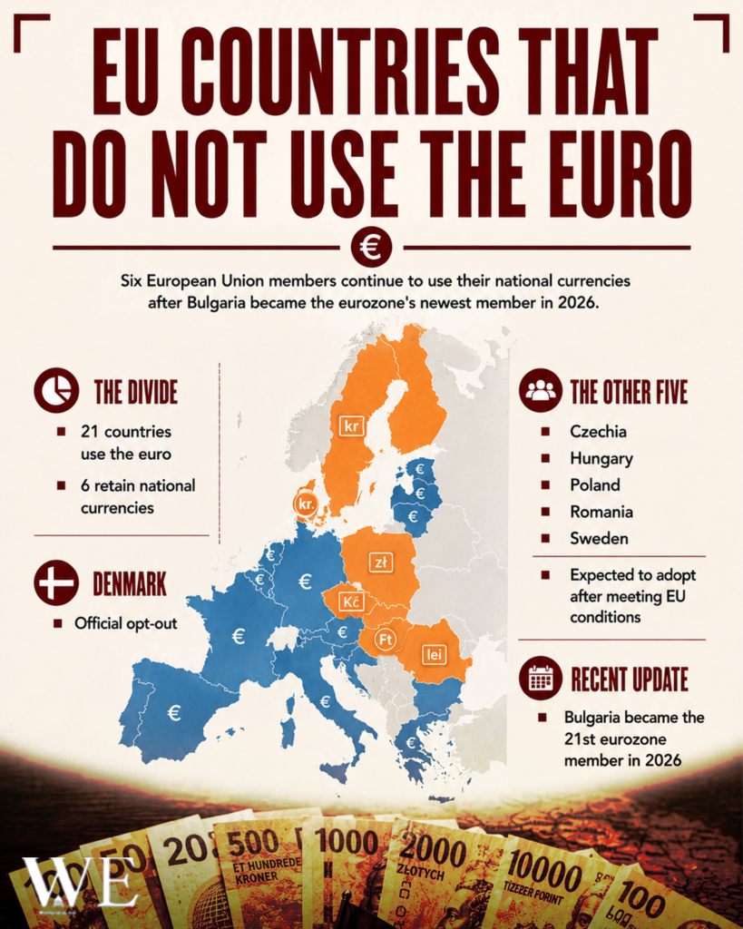 EU infographic: a color-coded map of Europe showing which members use their own currencies vs the euro; highlights include Denmark's opt-out and the five 'other five' (Czechia, Hungary, Poland, Romania, Sweden); note that Bulgaria joined the eurozone in 2026.