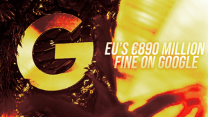 Close-up of a red-yellow graphic with a large Google G logo on the left and the headline 'EU'S €390 MILLION FINE ON GOOGLE' on the right.
