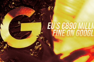 Close-up of a red-yellow graphic with a large Google G logo on the left and the headline 'EU'S €390 MILLION FINE ON GOOGLE' on the right.