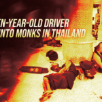 News banner with the headline 'Eleven-year-old driver crashes into monks in Thailand' over a scene of people sitting on the ground near temple pillars.