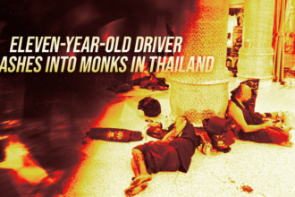 News banner with the headline 'Eleven-year-old driver crashes into monks in Thailand' over a scene of people sitting on the ground near temple pillars.