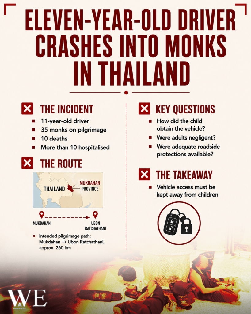eleven-year-old driver crashes into monks in thailand 4_5 - washington eye Infographic titled'Eleven-year-old driver crashes into monks in Thailand' with sections on The Incident, The Route map, Key Questions, and The Takeaway; warning imagery present.