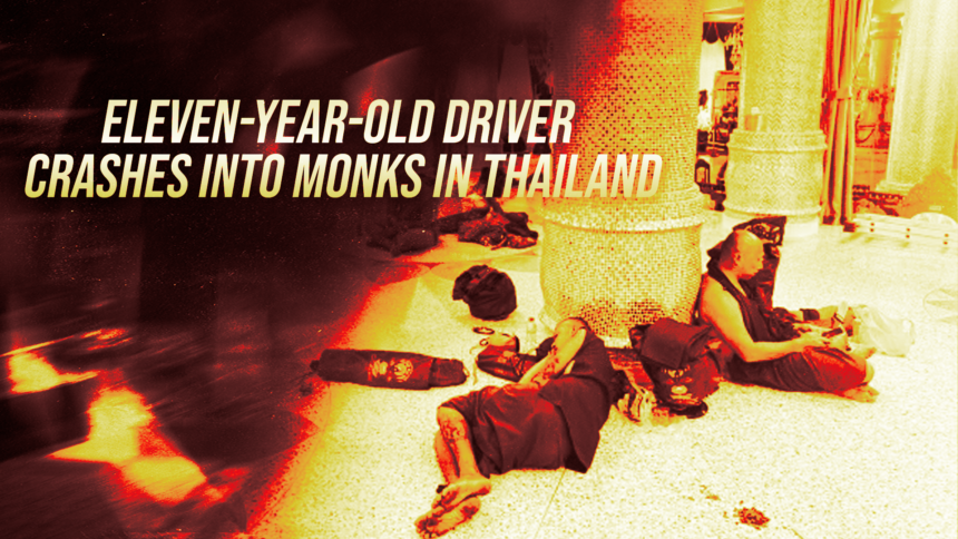eleven-year-old driver crashes into monks in thailand - washington eye News banner with the headline 'Eleven-year-old driver crashes into monks in Thailand' over a scene of people sitting on the ground near temple pillars.