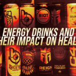 Banner of assorted energy drink cans with the headline 'Energy drinks and their impact on health' in bold, pale-yellow text fall/wade across the canside.