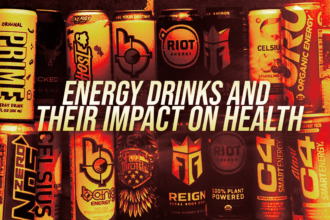 Banner of assorted energy drink cans with the headline 'Energy drinks and their impact on health' in bold, pale-yellow text fall/wade across the canside.