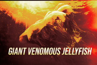 Poster promoting awareness of a giant venomous jellyfish, with bold, yellow text reading 'GIANT VENOMOUS JELLYFISH' over a fiery orange-red background