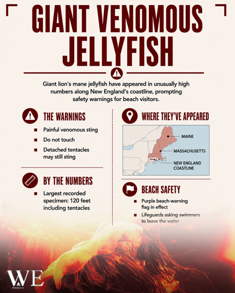 Poster-style infographic warning about giant venomous jellyfish along the New England coast, with a map and safety tips in separate sections.