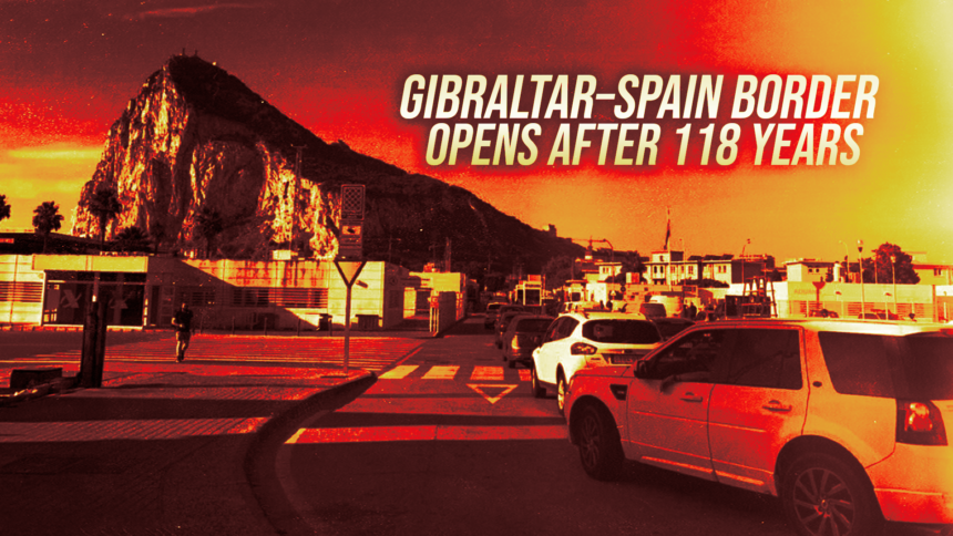 Banner announcing the Gibraltar–Spain border opens after 118 years over a rocky hill with a street and parked cars, sunset colors in the background, conveying news.