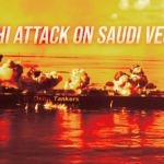 News graphic showing a tanker on the sea with explosions and smoke, overlaid with the headline 'HOUTHI ATTACK ON SAUDI VESSELS'.