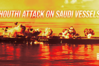 News graphic showing a tanker on the sea with explosions and smoke, overlaid with the headline 'HOUTHI ATTACK ON SAUDI VESSELS'.
