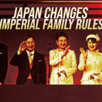 Group of formally dressed people waving at an event beneath the bold headline 'Japan Changes Imperial Family Rules'.