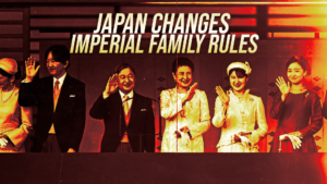 Group of formally dressed people waving at an event beneath the bold headline 'Japan Changes Imperial Family Rules'.