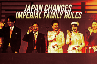 Group of formally dressed people waving at an event beneath the bold headline 'Japan Changes Imperial Family Rules'.
