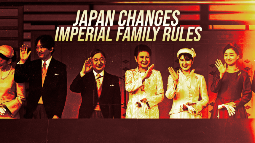 Group of formally dressed people waving at an event beneath the bold headline 'Japan Changes Imperial Family Rules'.
