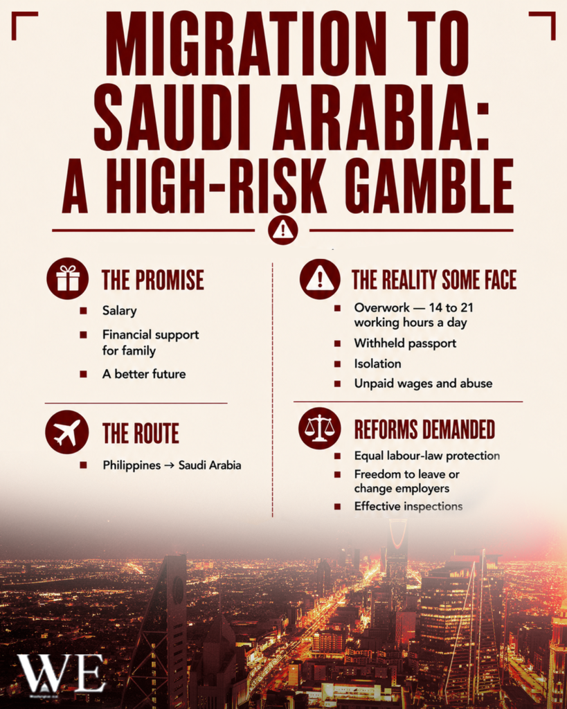 Infographic about migration to Saudi Arabia: promises vs. reality, with a Philippine route and listed reforms over a city skyline.