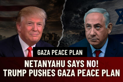 Split image of Donald Trump (left) and Benjamin Netanyahu (right) with a torn backdrop and bold 'Gaza Peace Plan' headline and 'Netanyahu says no! Trump pushes Gaza Peace Plan' text layout on a dark red banner.