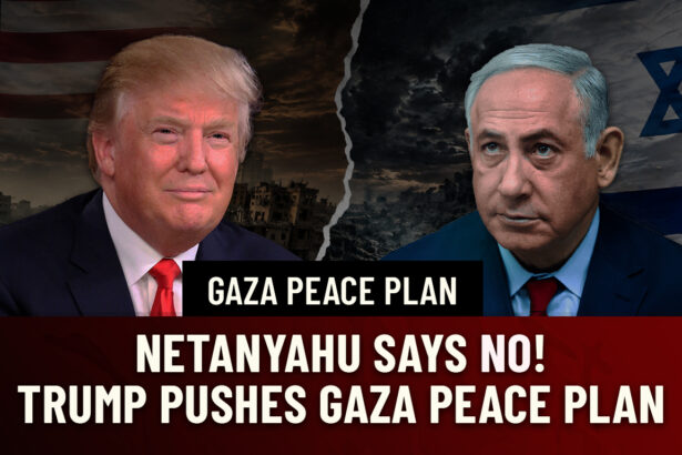 Split image of Donald Trump (left) and Benjamin Netanyahu (right) with a torn backdrop and bold 'Gaza Peace Plan' headline and 'Netanyahu says no! Trump pushes Gaza Peace Plan' text layout on a dark red banner.