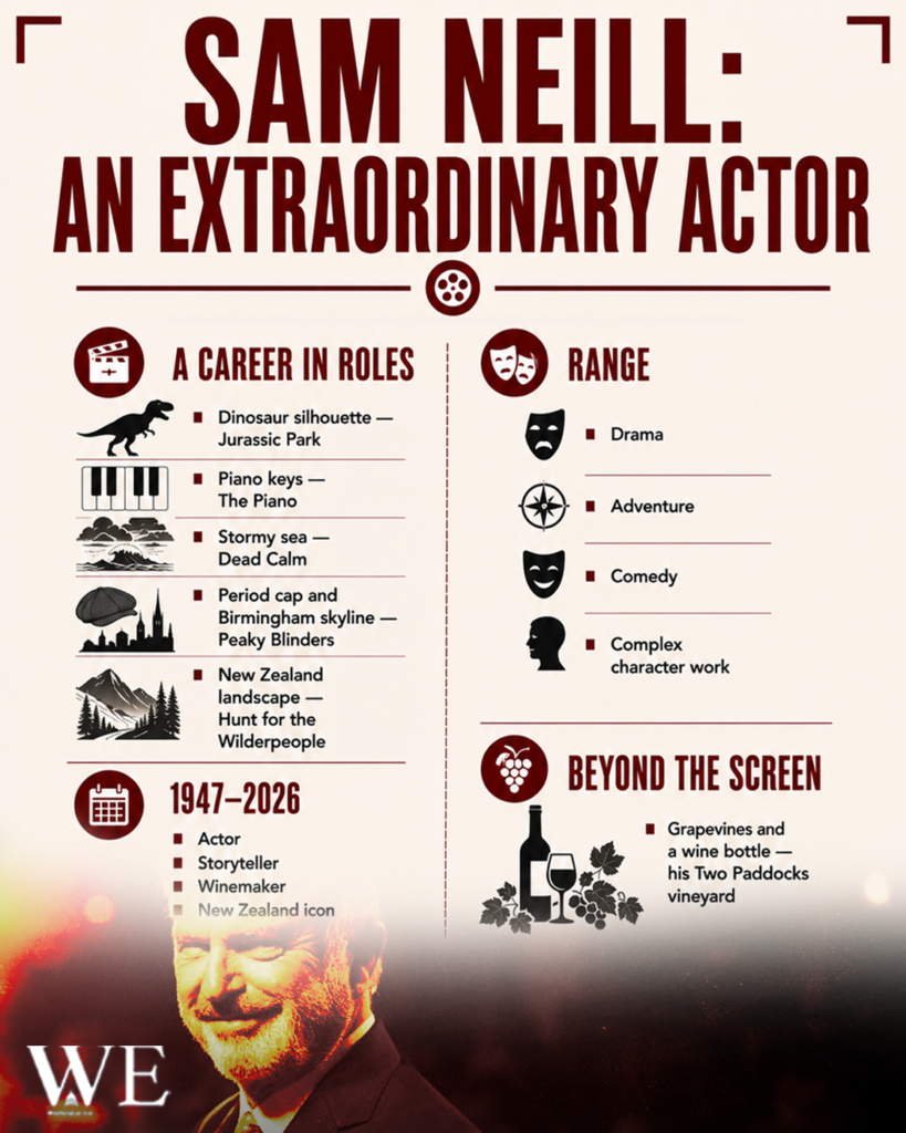Infographic poster titled'Sam Neill: An Extraordinary Actor' outlining career roles, acting range, and a 'Beyond the Screen' wine theme.