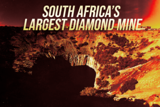 Banner stating "South Africa's Largest Diamond Mine" over a fiery orange canyon landscape.
