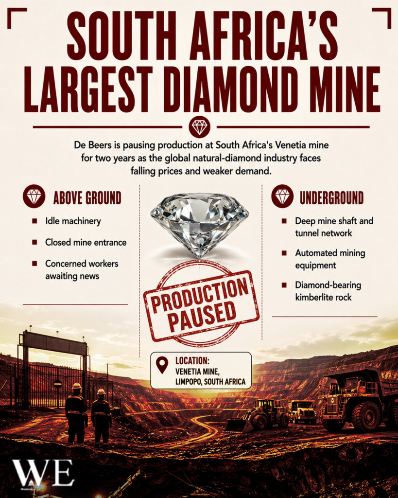 Infographic announcing production paused at South Africa's Veneta diamond mine, with diamond icon and two columns: Above Ground and Underground details, and a mining site photo at bottom.