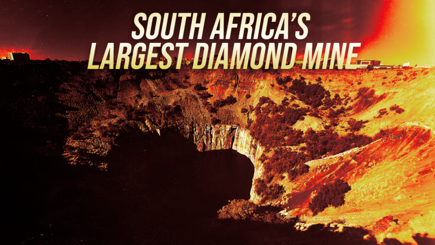 Banner stating "South Africa's Largest Diamond Mine" over a fiery orange canyon landscape.