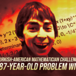 Portrait of a smiling Turkish-American mathematician on a math-themed poster about AI.
