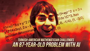 Portrait of a smiling Turkish-American mathematician on a math-themed poster about AI.