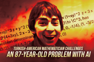 Portrait of a smiling Turkish-American mathematician on a math-themed poster about AI.