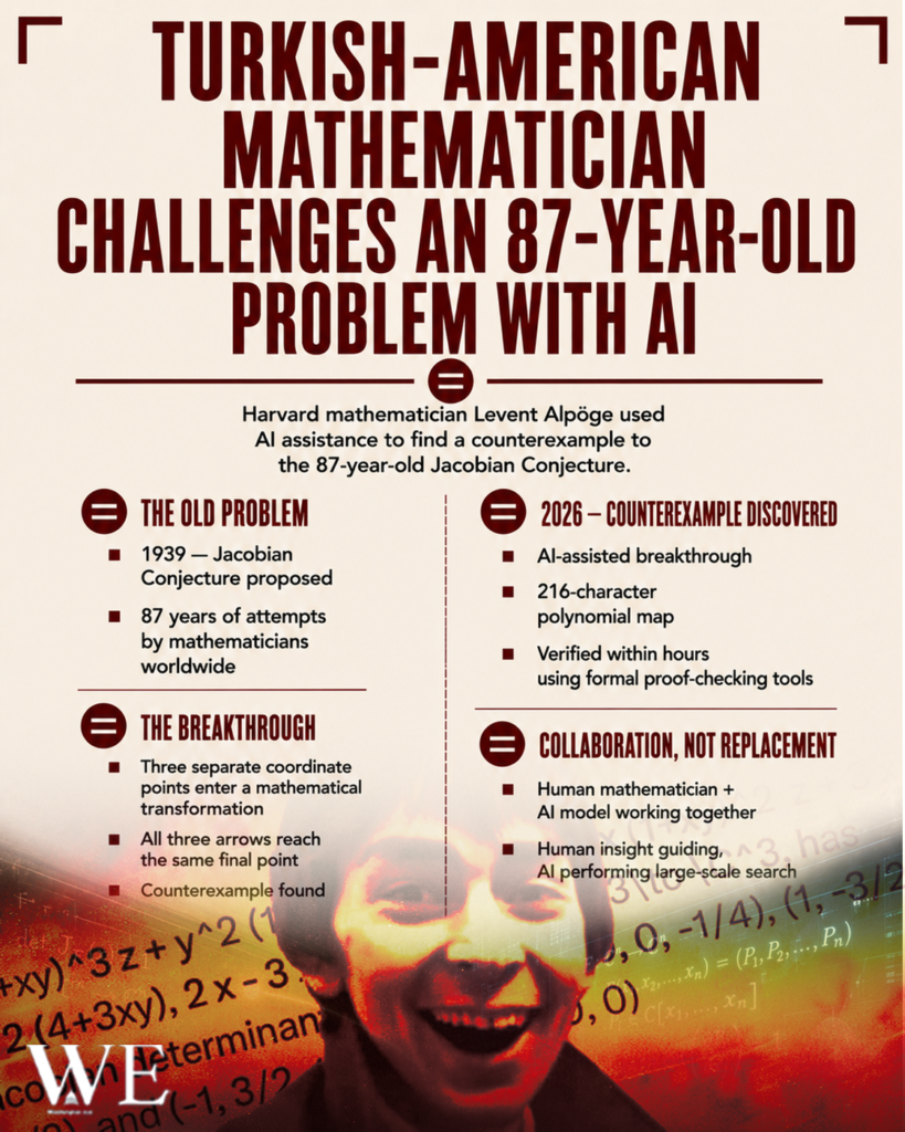 Infographic about a Turkish-American mathematician using AI to tackle an 87-year-old problem, with sections on the old problem, breakthrough, and collaboration.