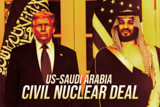 Poster featuring two men in suits with US and Saudi flags, promoting a US–Saudi Arabia civil nuclear deal; headline reads the bold text below.