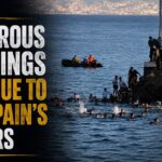 Headline banner reads 'Dangerous Crossings Continue to Test Spain's Borders' beside a sea coastline with migrants swimming near a fenced border and officials overseeing from the rocks