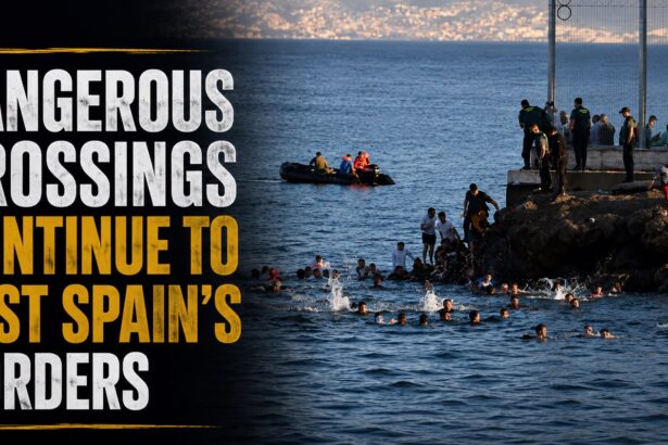Headline banner reads 'Dangerous Crossings Continue to Test Spain's Borders' beside a sea coastline with migrants swimming near a fenced border and officials overseeing from the rocks