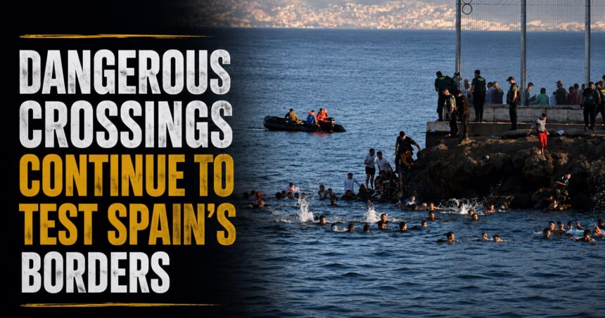 what drove 60000 migrants to spains border_ - washington eye Headline banner reads 'Dangerous Crossings Continue to Test Spain's Borders' beside a sea coastline with migrants swimming near a fenced border and officials overseeing from the rocks