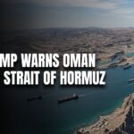 News banner: 'TRUMP WARNS OMAN OVER STRAIT OF HORMUZ' over a satellite view of the Strait of Hormuz with ships and rocky coastline on blue water