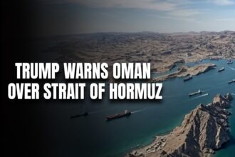 News banner: 'TRUMP WARNS OMAN OVER STRAIT OF HORMUZ' over a satellite view of the Strait of Hormuz with ships and rocky coastline on blue water