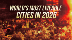 Banner image announcing "World's Most Livable Cities in 2026" with a red-yellow cityscape background.