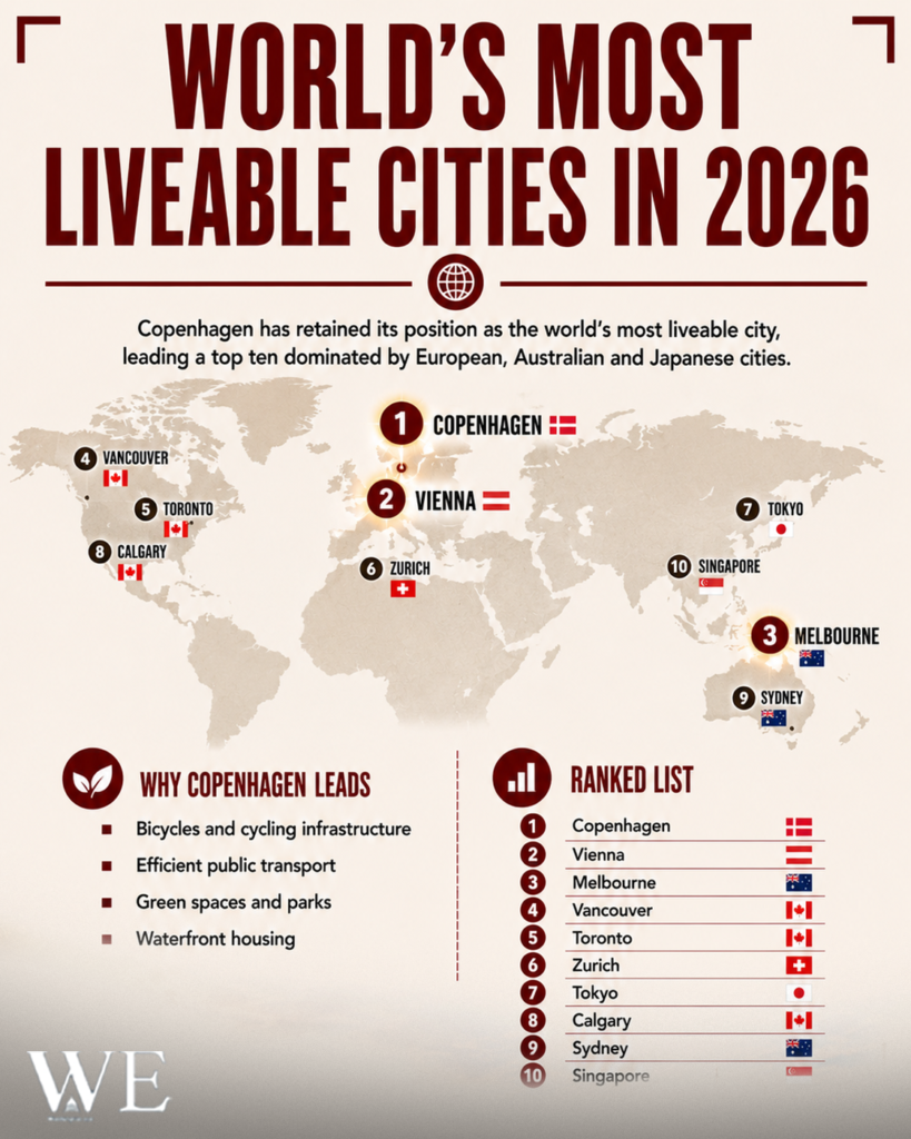 worlds most liveable cities in 2026 - washington eye Infographic map showing the world’s 10 most liveable cities in 2026: Copenhagen, Vienna, Melbourne, Vancouver, Toronto, Zurich, Tokyo, Calgary, Sydney, Singapore.