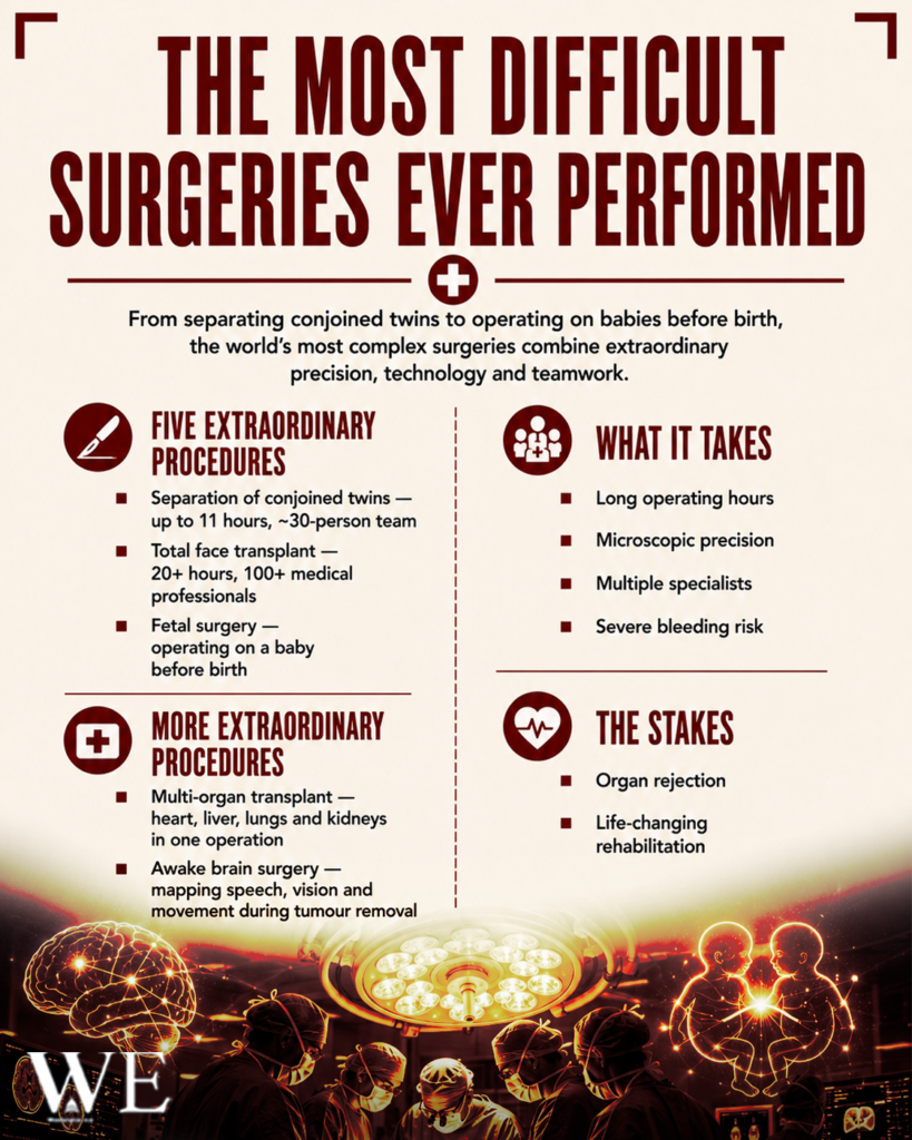 Infographic titled The Most Difficult Surgeries Ever Performed, outlining five extraordinary procedures (separation of conjoined twins, total face transplant, fetal surgery) and more; what it takes (long operating hours, microscopic precision, multiple specialists, severe bleeding risk), the stakes (organ rejection, life-changing rehabilitation), with surgeons in an operating room and red icons.