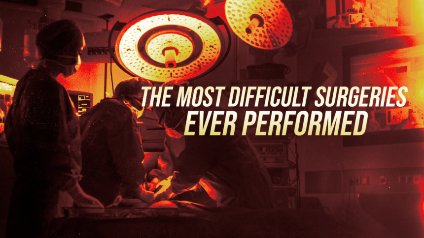 Operating room scene with surgeons at work under bright circular lights and bold overlay text about difficult surgeries to be performeded (banner reads 'The Most Difficult Surgeries Ever Performed').